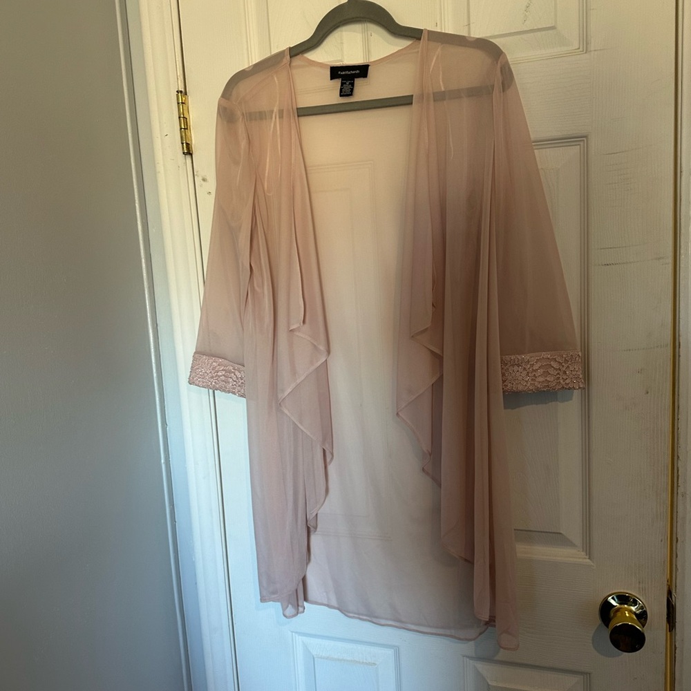 R&M Richards Sheer Lace Open Front Blush Pink Jacket 3/4 Sleeve Women's Size 12‎